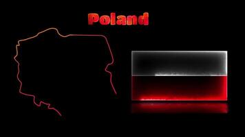 Looping neon glow effect icons, national flag of Poland and map, black background video