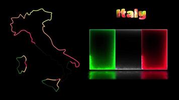 Looping neon glow effect icons, national flag of Italy and map, black background video