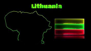 Looping neon glow effect icons, national flag of Lithuania and map, black background video