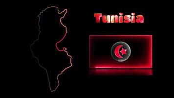 Looping neon glow effect icons, national flag of Tunisia and map, black background video