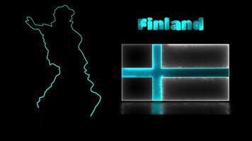 Looping neon glow effect icons, national flag of Finland and map, black background video