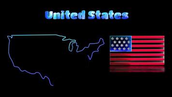 Looping neon glow effect icons, national flag of United States and map, black background video