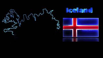 Looping neon glow effect icons, national flag of Iceland and map, black background video