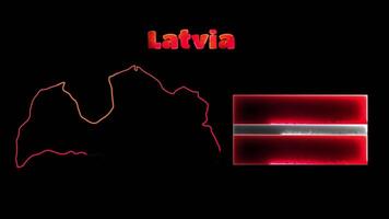 Looping neon glow effect icons, national flag of Latvia and map, black background video