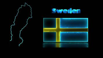 Looping neon glow effect icons, national flag of Sweden and map, black background video