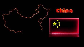 Looping neon glow effect icons, national flag of China and map, black background video