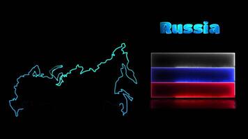 Looping neon glow effect icons, national flag of Russia and map, black background video