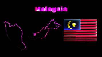 Looping neon glow effect icons, national flag of Malaysia and map, black background video