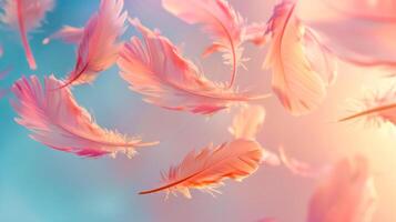 AI Generated Pastel dreamscape with floating feathers photo