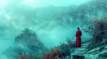 AI Generated Tranquil dawn at mountain monastery photo