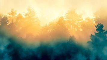 AI Generated Mysterious fog among trees during a golden sunrise, evoking a serene, dreamlike state photo