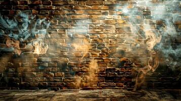 AI Generated Whimsical smoke dance against rustic brick wall photo