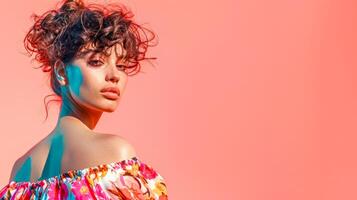 AI Generated Vibrant fashion model on pink background photo