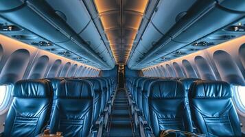 AI generated Inside of an Airplane With Blue Leather Seats photo