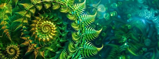 AI Generated Abstract green fern pattern with bokeh lights photo