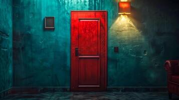 ai generado misterioso rojo puerta en un temperamental oscuro habitación foto