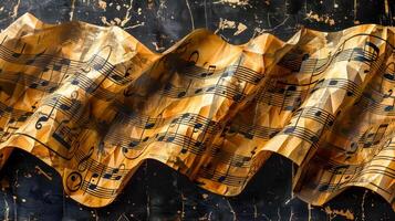 AI Generated Wavy aged music sheet with notes on a grungy black backdrop photo