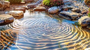 AI Generated Tranquil garden pond at sunset photo