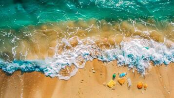 ai generado aéreo ver de prístino playa con vistoso juguetes foto