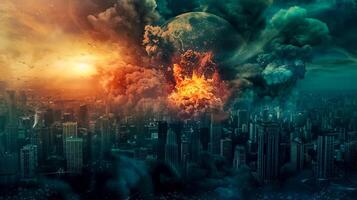 AI Generated Apocalyptic cityscape with exploding moon photo