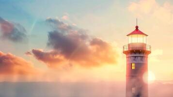 AI Generated Serene sunset at coastal lighthouse photo