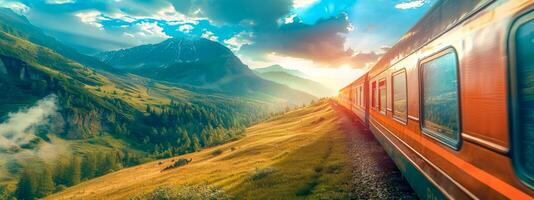 ai generado escénico montaña tren viaje a puesta de sol foto