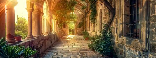 AI Generated Serene scene of a sun-drenched cloister with antique architecture and lush greenery photo