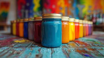 AI generated Row of Colorful Jars on Wooden Table photo