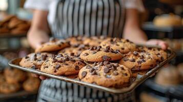 AI generated Person Holding Tray of Cookies in Bakery photo