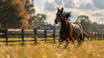 ai generado marrón caballo corriendo en herboso campo foto