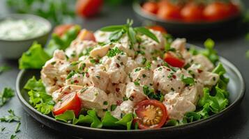 AI generated Plate of Chicken Salad With Tomatoes and Lettuce photo