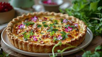 AI generated Quiche With Flowers and Herbs on a Plate photo