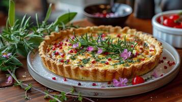 AI generated Quiche With Flowers and Herbs on a Plate photo