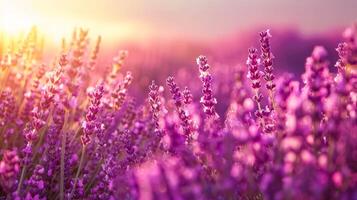 AI Generated Golden sunset over a vibrant field of blooming lavender photo
