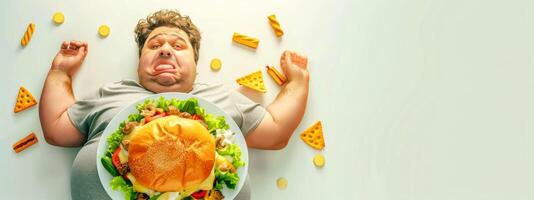 AI Generated Man dreaming of junk food while holding salad, copy space photo