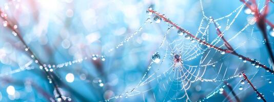 AI Generated Close-up of a spiderweb glistening with dewdrops against a soft blue background photo