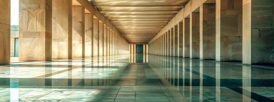 AI Generated Sunlit modern hallway with symmetrical architecture photo