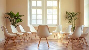 AI Generated Modern meeting room with sunlit chairs and plants photo