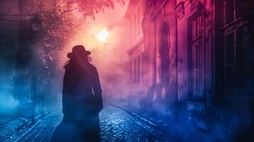 AI Generated Mysterious figure in foggy alley at twilight photo