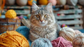 AI generated Cat Sitting in Pile of Yarn photo