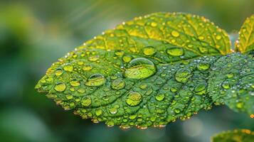 AI generated Green Leaf With Water Drops photo