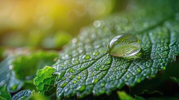 AI generated Green Leaf With Water Drops photo