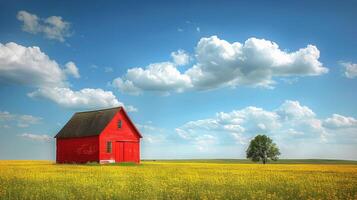 ai generado rojo granero en campo de amarillo flores foto