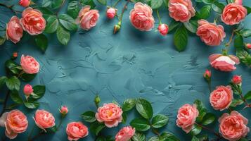 AI generated Pink Roses on Blue Background photo