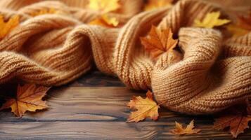 AI generated Pile of Autumn Leaves on Wooden Floor photo