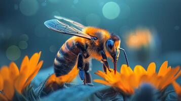 AI generated Bee Pollinating Flower Close Up photo