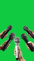 AI generated hands holding mic with interview set vertical video template on green screen background