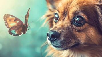 ai generado encantado encuentro Entre perro y mariposa foto