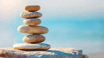 AI Generated Serene stone stack by the sea photo