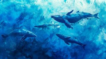 AI Generated Majestic whales swimming in deep ocean blues photo